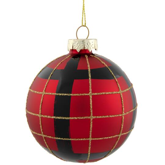 4ct. 3" Red, Black & Gold Plaid Glass Ball Ornaments